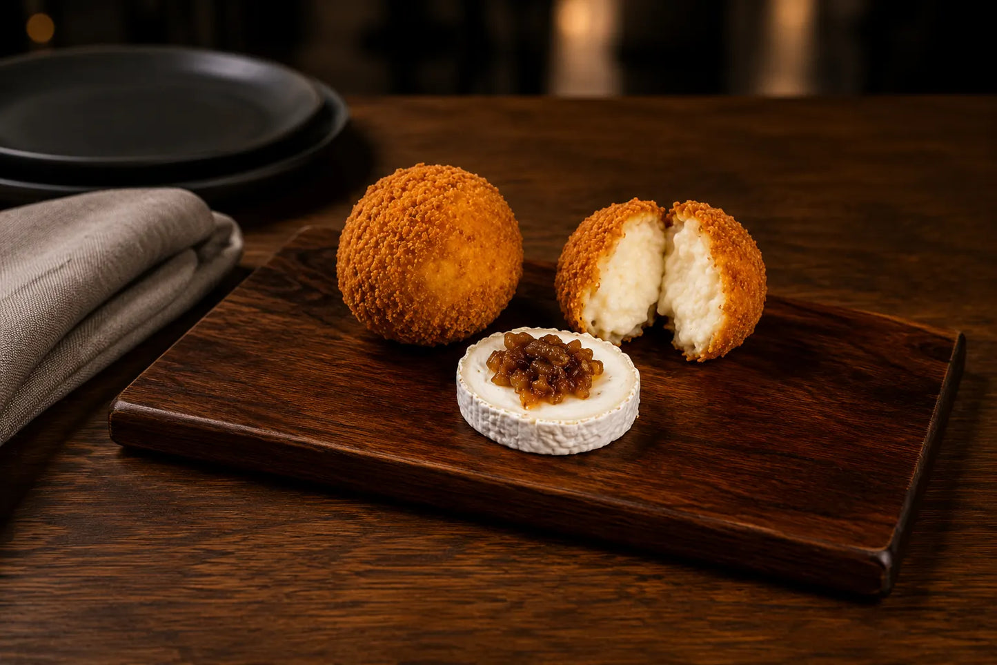 Croqueta de queso de cabra y cebolla caramelizada