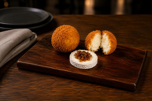 Croqueta de queso de cabra y cebolla caramelizada